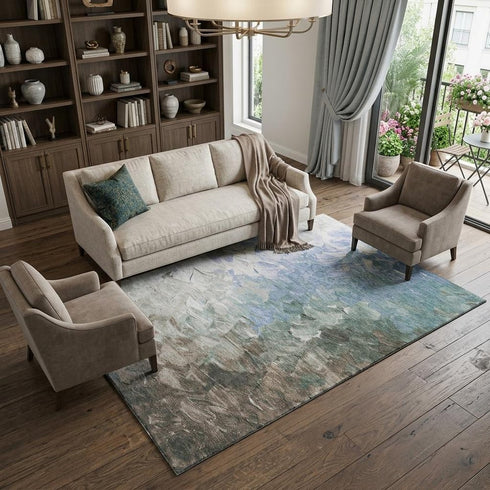 8' X 10' Denim Blue Ivory And Taupe Abstract Washable Area Rug With UV Protection