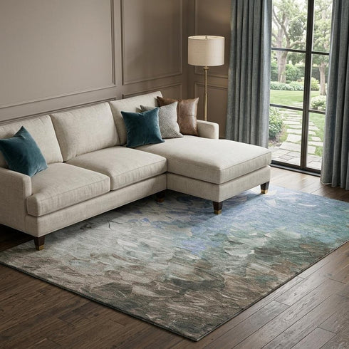 9' X 12' Denim Blue Ivory And Taupe Abstract Washable Area Rug With UV Protection