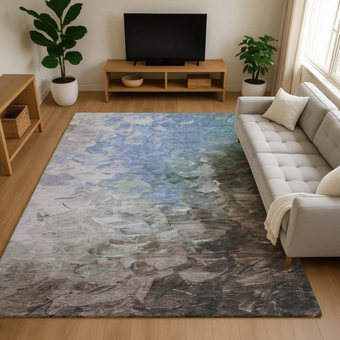 9' X 12' Denim Blue Ivory And Taupe Abstract Washable Area Rug With UV Protection