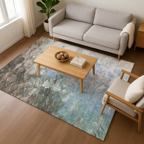 9' X 12' Denim Blue Ivory And Taupe Abstract Washable Area Rug With UV Protection