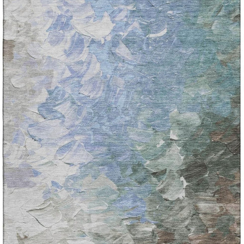 9' X 12' Denim Blue Ivory And Taupe Abstract Washable Area Rug With UV Protection