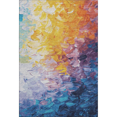5' X 8' Gold Yellow And Teal Abstract Washable Area Rug With UV Protection
