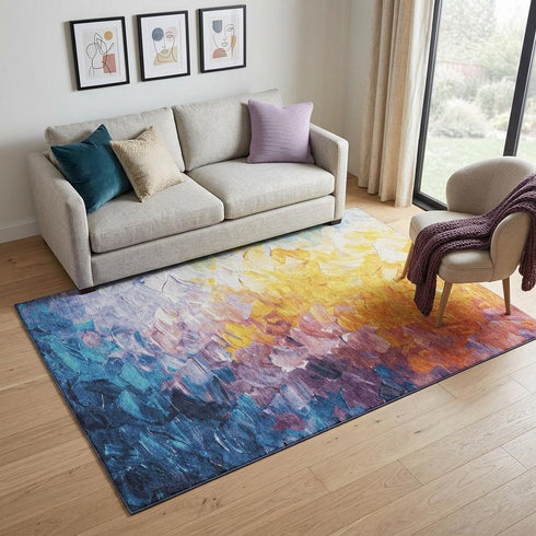 5' X 8' Gold Yellow And Teal Abstract Washable Area Rug With UV Protection