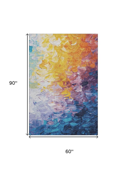 5' X 8' Gold Yellow And Teal Abstract Washable Area Rug With UV Protection