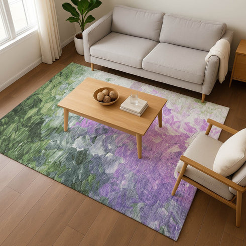 8' X 10' Purple Green And Ivory Abstract Washable Area Rug With UV Protection