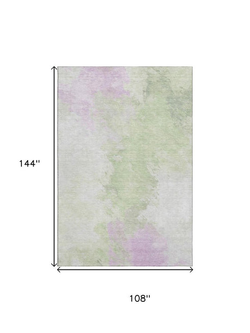 9' X 12' Artichoke Green Ivory And Lavender Abstract Washable Area Rug With UV Protection