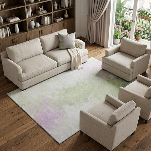 9' X 12' Artichoke Green Ivory And Lavender Abstract Washable Area Rug With UV Protection