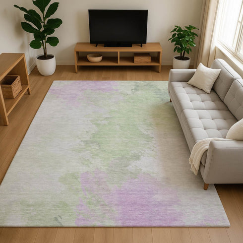 9' X 12' Artichoke Green Ivory And Lavender Abstract Washable Area Rug With UV Protection
