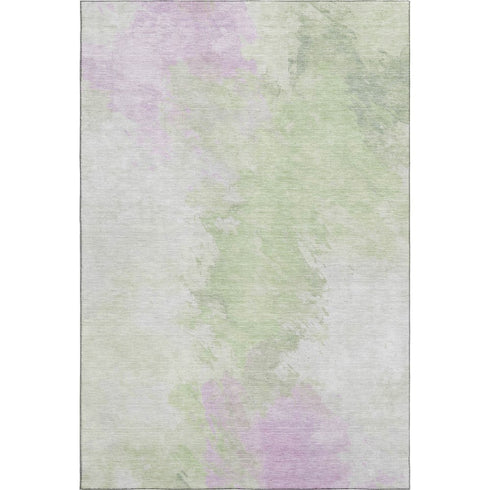9' X 12' Artichoke Green Ivory And Lavender Abstract Washable Area Rug With UV Protection