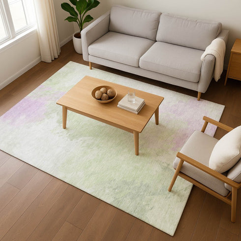 9' X 12' Artichoke Green Ivory And Lavender Abstract Washable Area Rug With UV Protection