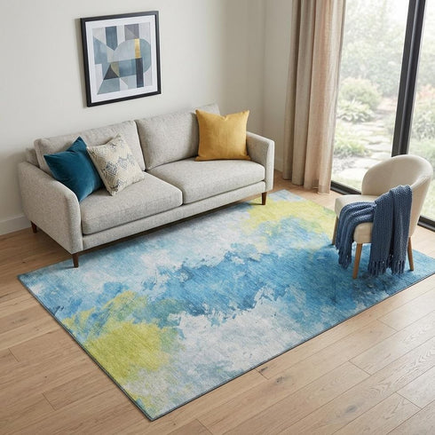 5' X 8' Blue Yellow And Ivory Abstract Washable Area Rug With UV Protection