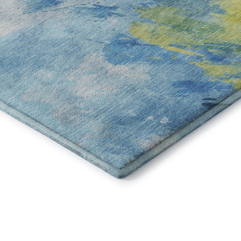 5' X 8' Blue Yellow And Ivory Abstract Washable Area Rug With UV Protection