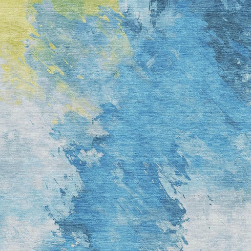 5' X 8' Blue Yellow And Ivory Abstract Washable Area Rug With UV Protection