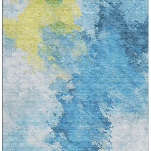 5' X 8' Blue Yellow And Ivory Abstract Washable Area Rug With UV Protection