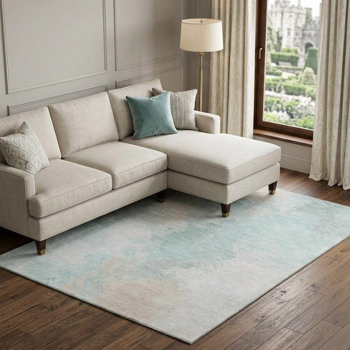8' X 10' Pale Aqua Gray And Ivory Abstract Washable Area Rug With UV Protection