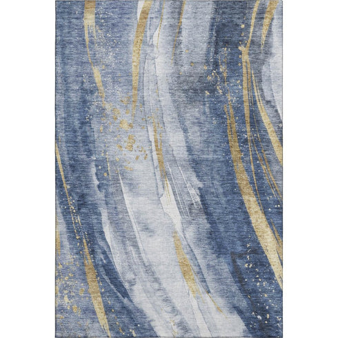 5' X 8' Blue Gold And Ivory Abstract Washable Area Rug With UV Protection