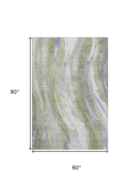 5' X 8' Olive Green Lavender And Ivory Abstract Washable Area Rug With UV Protection