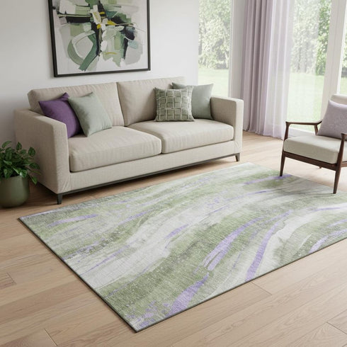 5' X 8' Olive Green Lavender And Ivory Abstract Washable Area Rug With UV Protection