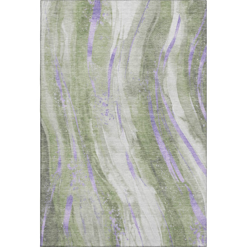 5' X 8' Olive Green Lavender And Ivory Abstract Washable Area Rug With UV Protection