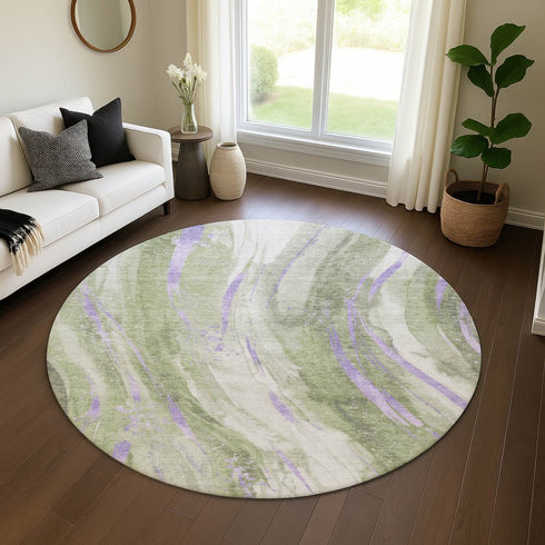 8' Olive Green Lavender And Ivory Abstract Washable Round Rug With UV Protection