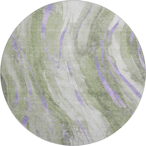 8' Olive Green Lavender And Ivory Abstract Washable Round Rug With UV Protection