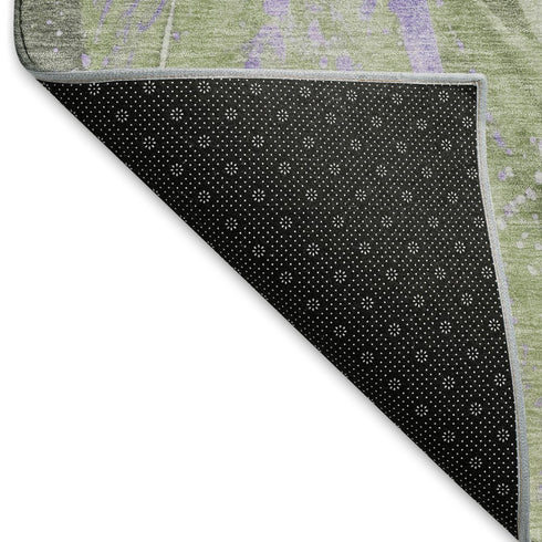 8' Olive Green Lavender And Ivory Abstract Washable Round Rug With UV Protection