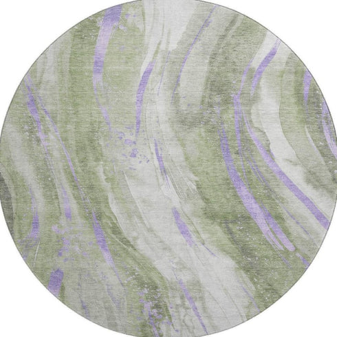 8' Olive Green Lavender And Ivory Abstract Washable Round Rug With UV Protection