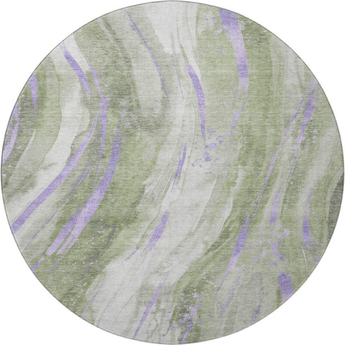 8' Olive Green Lavender And Ivory Abstract Washable Round Rug With UV Protection