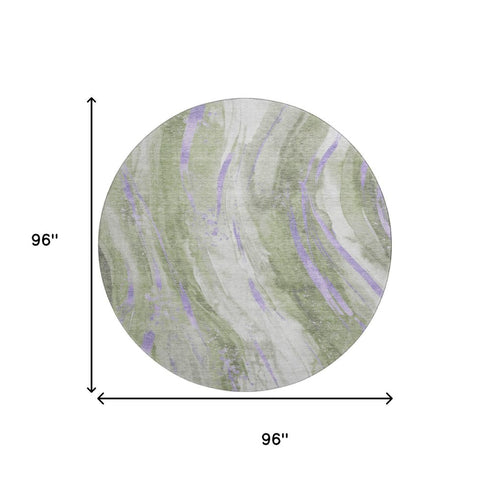 8' Olive Green Lavender And Ivory Abstract Washable Round Rug With UV Protection