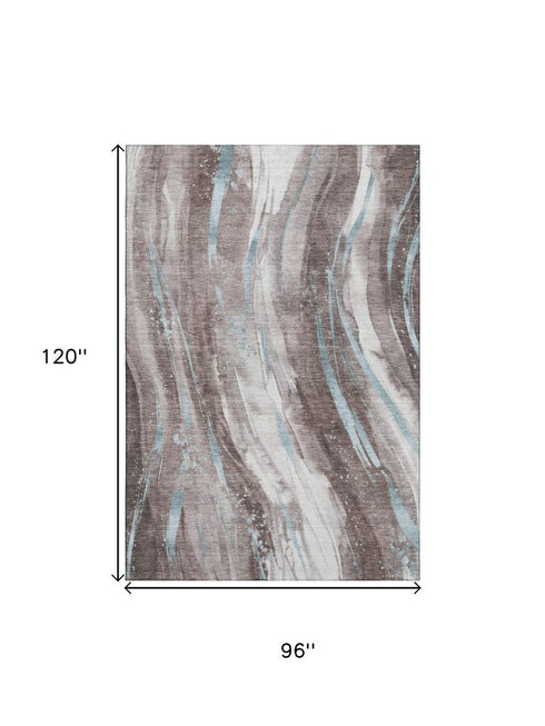 8' X 10' Taupe Blue And Ivory Abstract Washable Area Rug With UV Protection