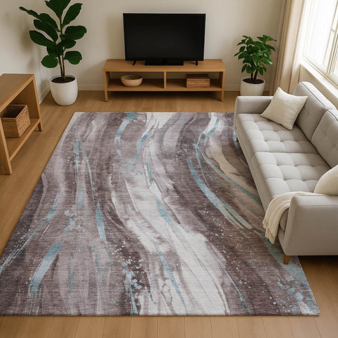 8' X 10' Taupe Blue And Ivory Abstract Washable Area Rug With UV Protection