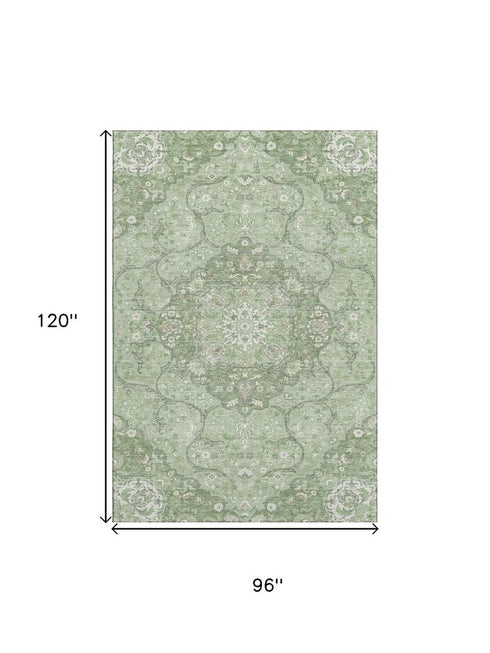 8' X 10' Artichoke Green And Ivory Medallion Washable Area Rug With UV Protection