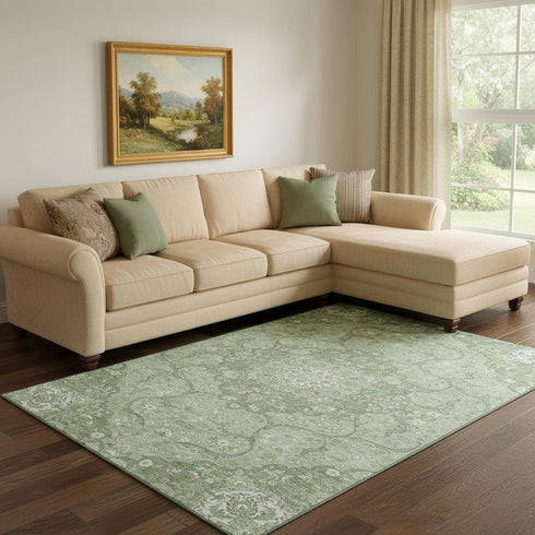 8' X 10' Artichoke Green And Ivory Medallion Washable Area Rug With UV Protection