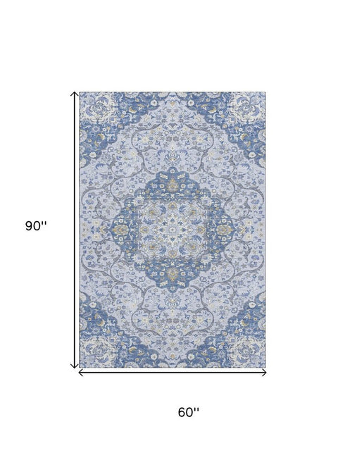 5' X 8' Blue Gray And Silver Medallion Washable Area Rug With UV Protection
