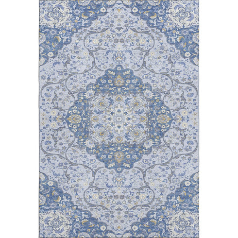 5' X 8' Blue Gray And Silver Medallion Washable Area Rug With UV Protection