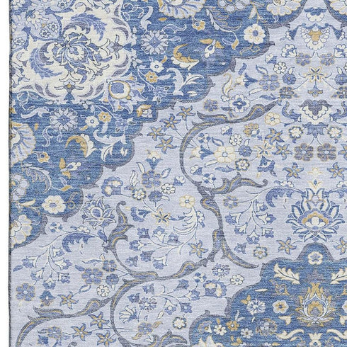 5' X 8' Blue Gray And Silver Medallion Washable Area Rug With UV Protection