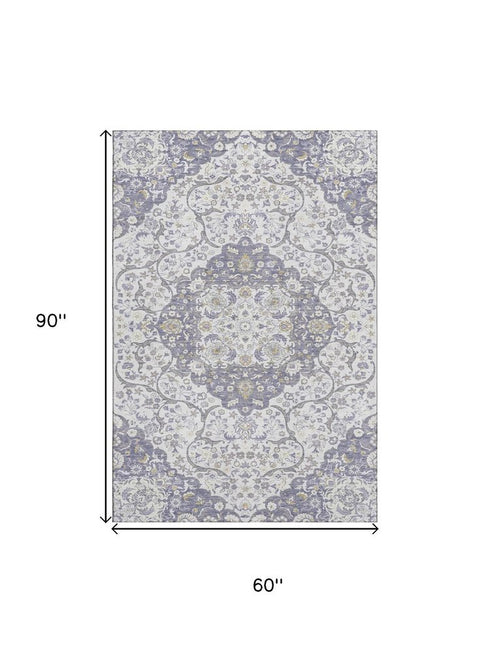 5' X 8' Lavender Ivory And Gold Medallion Washable Area Rug With UV Protection