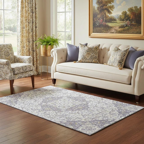 5' X 8' Lavender Ivory And Gold Medallion Washable Area Rug With UV Protection