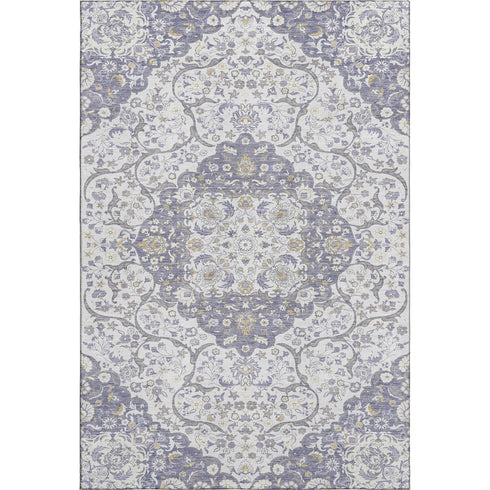 5' X 8' Lavender Ivory And Gold Medallion Washable Area Rug With UV Protection