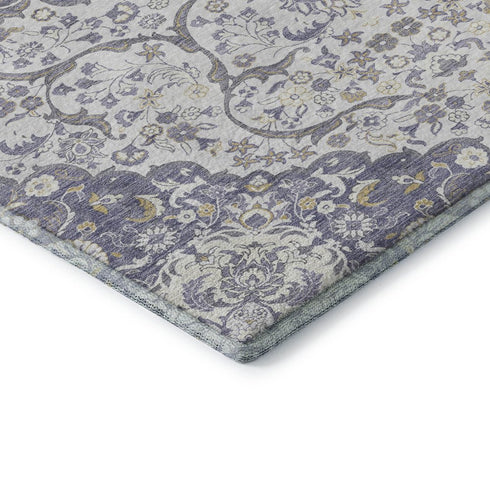 5' X 8' Lavender Ivory And Gold Medallion Washable Area Rug With UV Protection