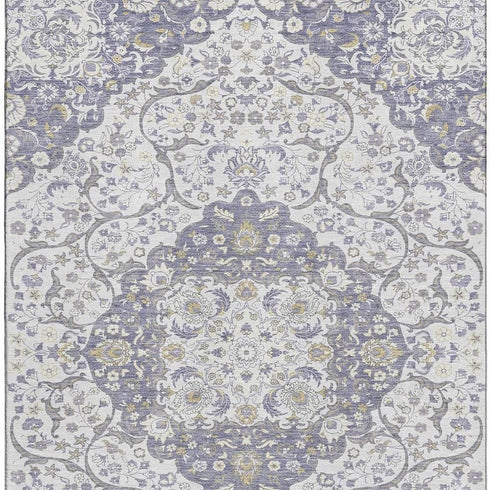 5' X 8' Lavender Ivory And Gold Medallion Washable Area Rug With UV Protection