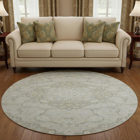 8' Taupe Gray And Ivory Medallion Washable Round Rug With UV Protection