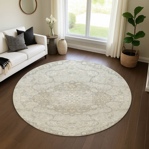 8' Taupe Gray And Ivory Medallion Washable Round Rug With UV Protection