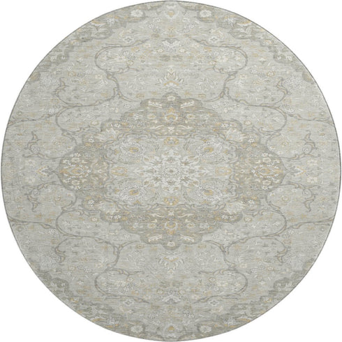 8' Taupe Gray And Ivory Medallion Washable Round Rug With UV Protection