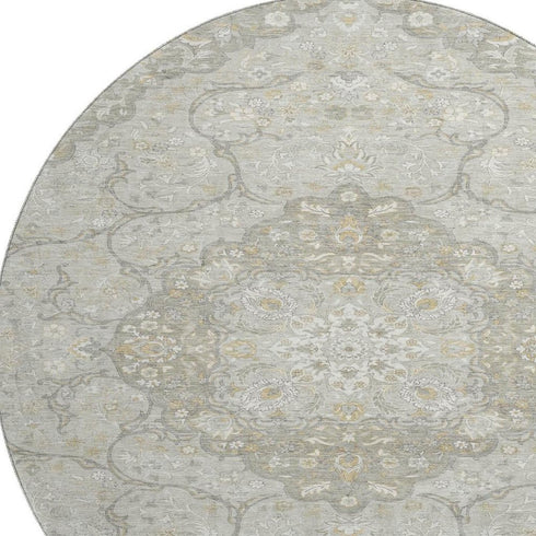 8' Taupe Gray And Ivory Medallion Washable Round Rug With UV Protection