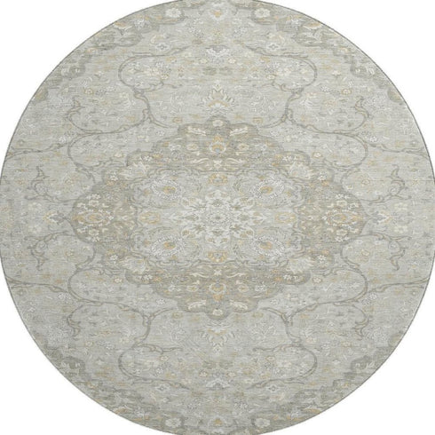 8' Taupe Gray And Ivory Medallion Washable Round Rug With UV Protection