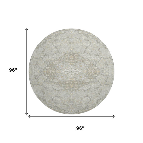 8' Taupe Gray And Ivory Medallion Washable Round Rug With UV Protection