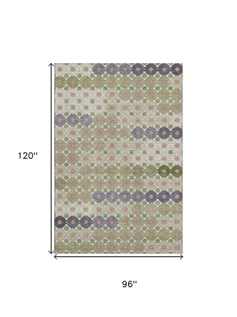 8' X 10' Artichoke Green Purple And Beige Geometric Washable Area Rug With UV Protection