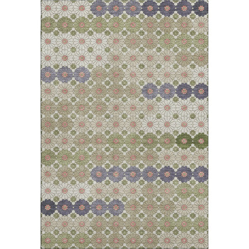 8' X 10' Artichoke Green Purple And Beige Geometric Washable Area Rug With UV Protection