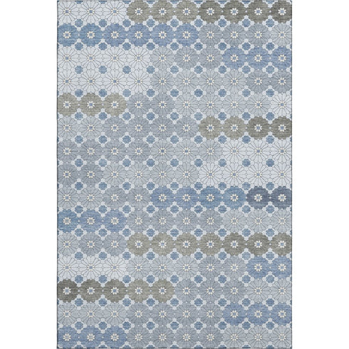 5' X 8' Denim Blue Gray And Silver Geometric Washable Area Rug With UV Protection